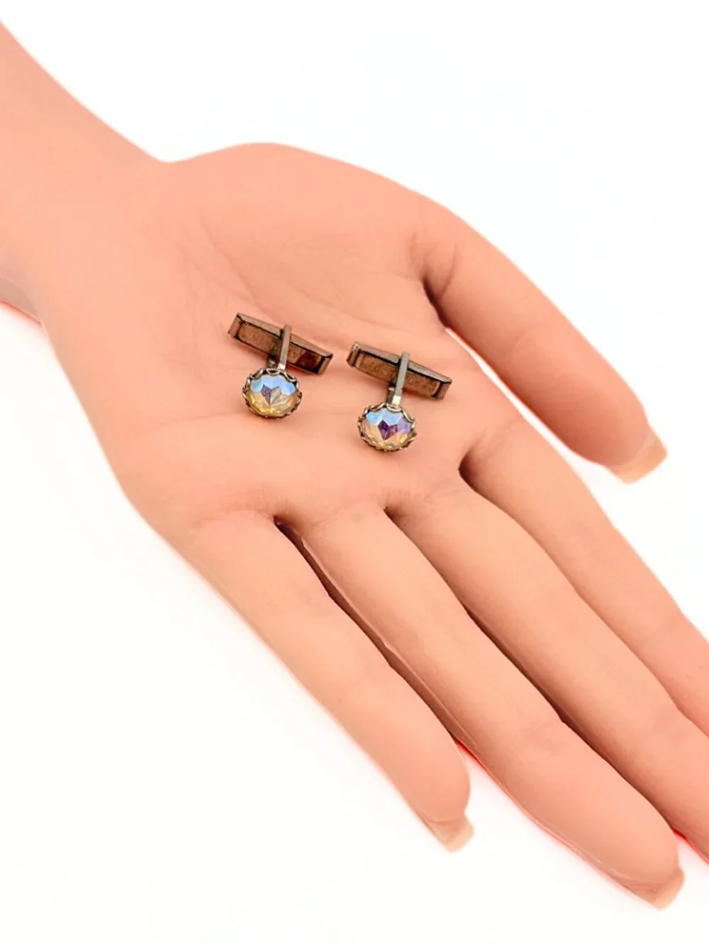 MCM Marked Pat Pend AB Crystals Silver Plated Evening Wear Cufflinks